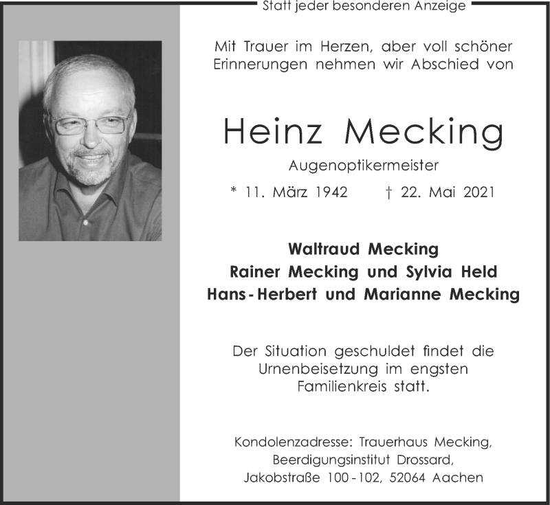  Traueranzeige für Heinz Mecking vom 06.06.2021 aus Zeitung am Sonntag