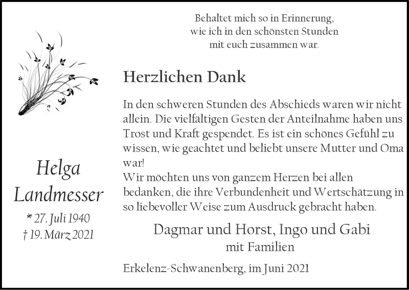  Traueranzeige für Helga Landmesser vom 27.06.2021 aus Zeitung am Sonntag