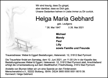 Traueranzeige von Helga Maria Gebhard von Aachener Zeitung / Aachener Nachrichten