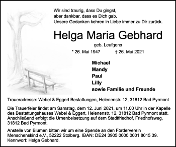Traueranzeige von Helga Maria Gebhard von Zeitung am Sonntag
