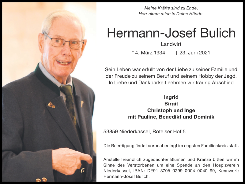  Traueranzeige für Hermann-Josef Bulich vom 27.06.2021 aus Zeitung am Sonntag