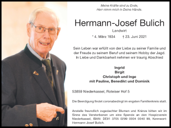 Traueranzeige von Hermann-Josef Bulich von Zeitung am Sonntag