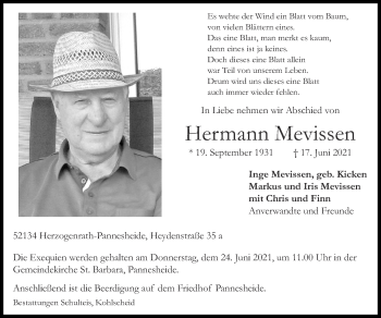 Traueranzeige von Hermann Mevissen von Zeitung am Sonntag