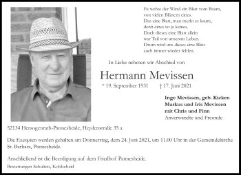 Traueranzeige von Hermann Mevissen von Aachener Zeitung / Aachener Nachrichten