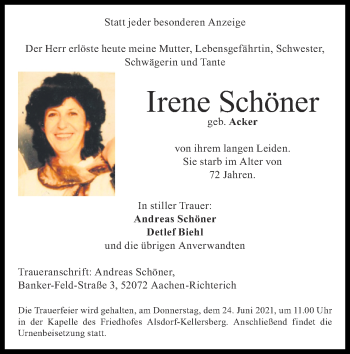 Traueranzeige von Irene Schöner von Zeitung am Sonntag