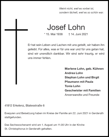Traueranzeige von Josef Lohn von Zeitung am Sonntag