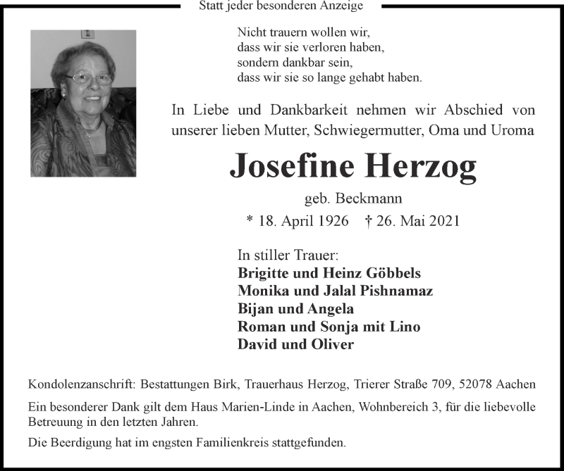  Traueranzeige für Josefine Herzog vom 06.06.2021 aus Zeitung am Sonntag