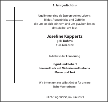 Traueranzeige von Josefine Kappertz von Aachener Zeitung / Aachener Nachrichten