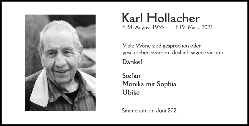  Traueranzeige für Karl Hollacher vom 12.06.2021 aus Aachener Zeitung / Aachener Nachrichten