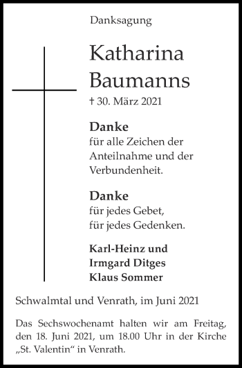 Traueranzeige von Katharina Baumanns von Zeitung am Sonntag