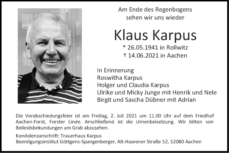  Traueranzeige für Klaus Karpus vom 27.06.2021 aus Zeitung am Sonntag