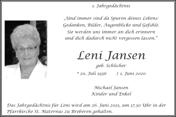 Traueranzeige von Leni Jansen von Zeitung am Sonntag