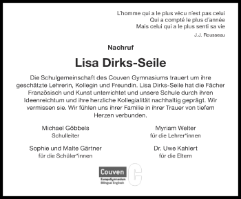 Traueranzeige von Lisa Dirks-Seile von Aachener Zeitung / Aachener Nachrichten