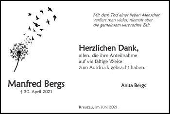 Traueranzeige von Manfred Bergs von Zeitung am Sonntag