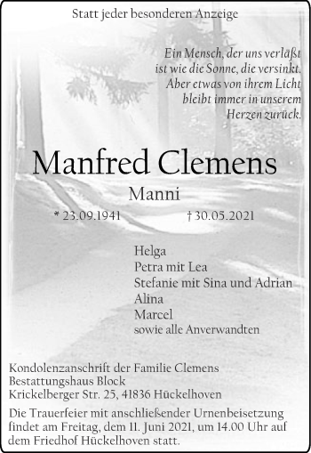 Traueranzeige von Manfred Clemens von Zeitung am Sonntag