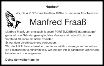 Traueranzeige von Manfred Fraaß von Zeitung am Sonntag