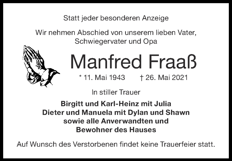 Traueranzeige für Manfred Fraaß vom 13.06.2021 aus Zeitung am Sonntag