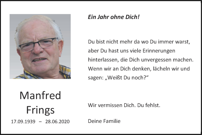  Traueranzeige für Manfred Frings vom 27.06.2021 aus Zeitung am Sonntag