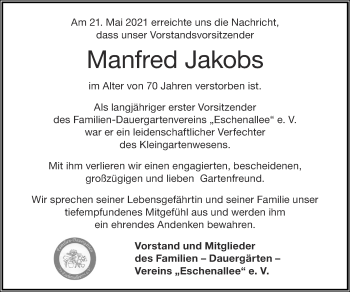 Traueranzeige von Manfred Jakobs von Zeitung am Sonntag
