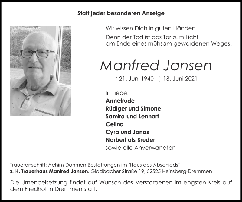  Traueranzeige für Manfred Jansen vom 27.06.2021 aus Zeitung am Sonntag