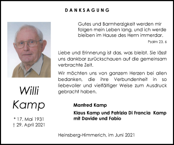 Traueranzeige von Manfred Kamp von Zeitung am Sonntag
