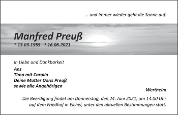 Traueranzeige von Manfred Preuß von Aachener Zeitung / Aachener Nachrichten