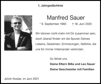 Traueranzeige von Manfred Sauer von Zeitung am Sonntag