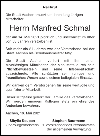 Traueranzeige von Manfred Schmal von Aachener Zeitung / Aachener Nachrichten