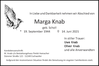 Traueranzeige von Marga Knab von Zeitung am Sonntag