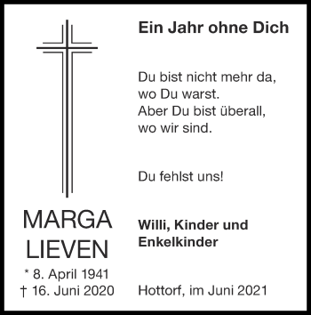 Traueranzeige von Marga Lieven von Zeitung am Sonntag