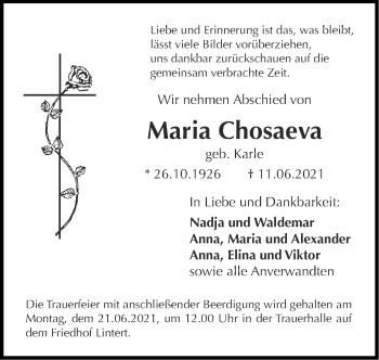 Traueranzeige von Maria Chosaeva von Zeitung am Sonntag
