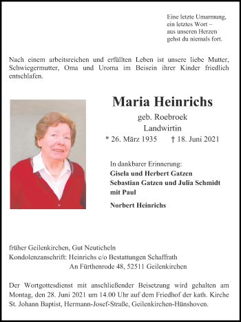 Traueranzeige von Maria Heinrichs von Zeitung am Sonntag