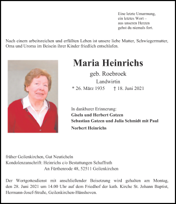 Traueranzeige von Maria Heinrichs von Aachener Zeitung / Aachener Nachrichten