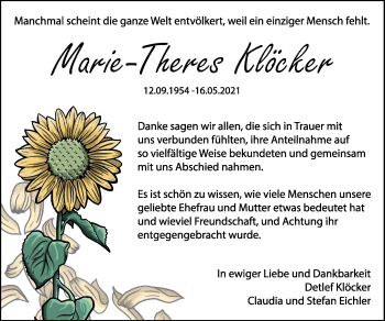 Traueranzeige von Marie-Theres Klöcker von Zeitung am Sonntag