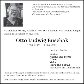 Traueranzeige von Otto Ludwig Buschak von Zeitung am Sonntag