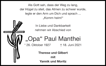 Traueranzeige von Paul Manthei von Zeitung am Sonntag