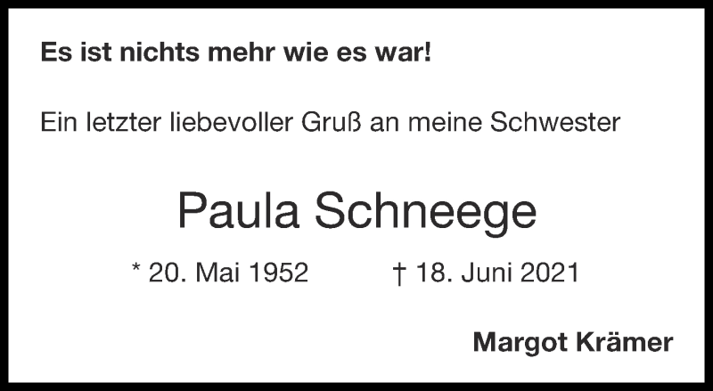  Traueranzeige für Paula Schneege vom 26.06.2021 aus Aachener Zeitung / Aachener Nachrichten