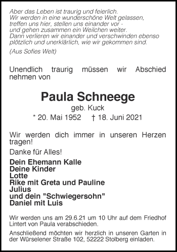 Traueranzeige von Paula Schneege von Aachener Zeitung / Aachener Nachrichten