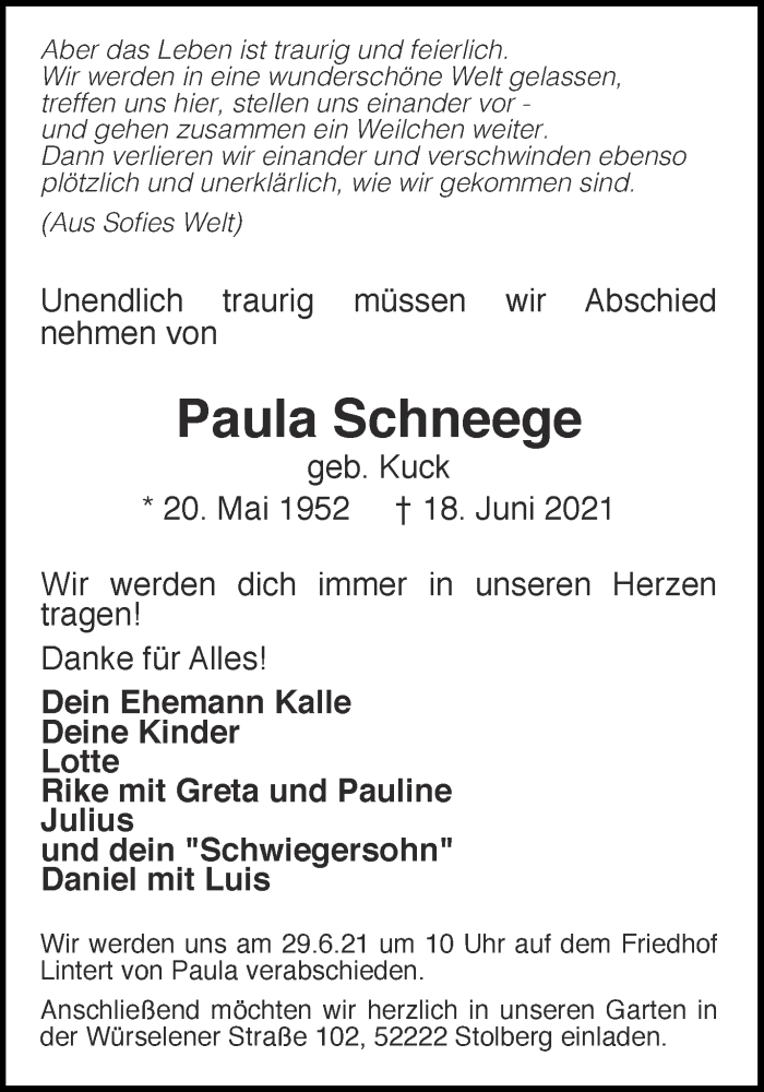  Traueranzeige für Paula Schneege vom 26.06.2021 aus Aachener Zeitung / Aachener Nachrichten