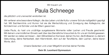Traueranzeige von Paula Schneege von Aachener Zeitung / Aachener Nachrichten