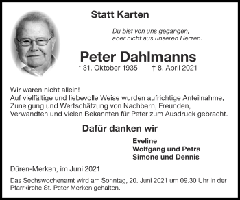 Traueranzeige von Peter Dahlmanns von Zeitung am Sonntag