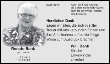 Traueranzeige von Renate Bank von Zeitung am Sonntag