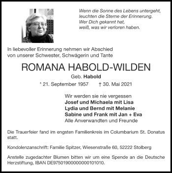 Traueranzeige von Romana Habold-Wilden von Zeitung am Sonntag