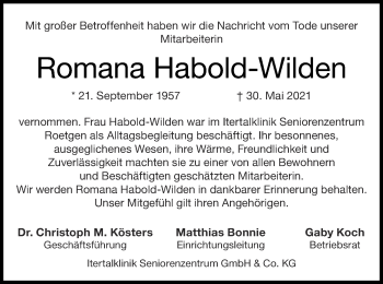 Traueranzeige von Romana Habold-Wilden von Zeitung am Sonntag