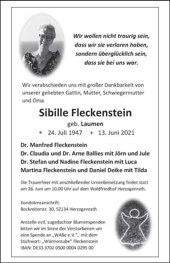  Traueranzeige für Sibille Fleckenstein vom 19.06.2021 aus Aachener Zeitung / Aachener Nachrichten