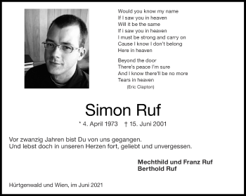 Traueranzeige von Simon Ruf von Aachener Zeitung / Aachener Nachrichten