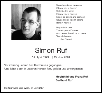 Traueranzeige von Simon Ruf von Zeitung am Sonntag