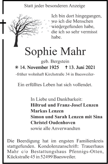Traueranzeige von Sophie Mahr von Zeitung am Sonntag