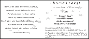 Traueranzeige von Thomas Forst von Zeitung am Sonntag