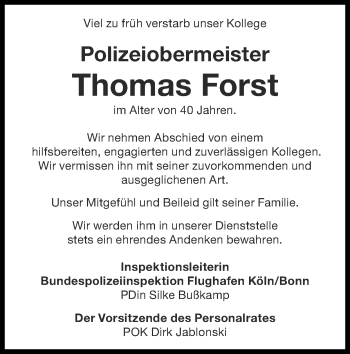 Traueranzeige von Thomas Forst von Zeitung am Sonntag
